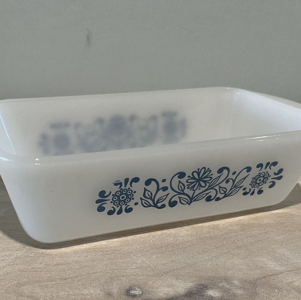 Rare, Vintage Glasbake Milk‎ Glass Color Loaf Dish with Blue Floral Patte…